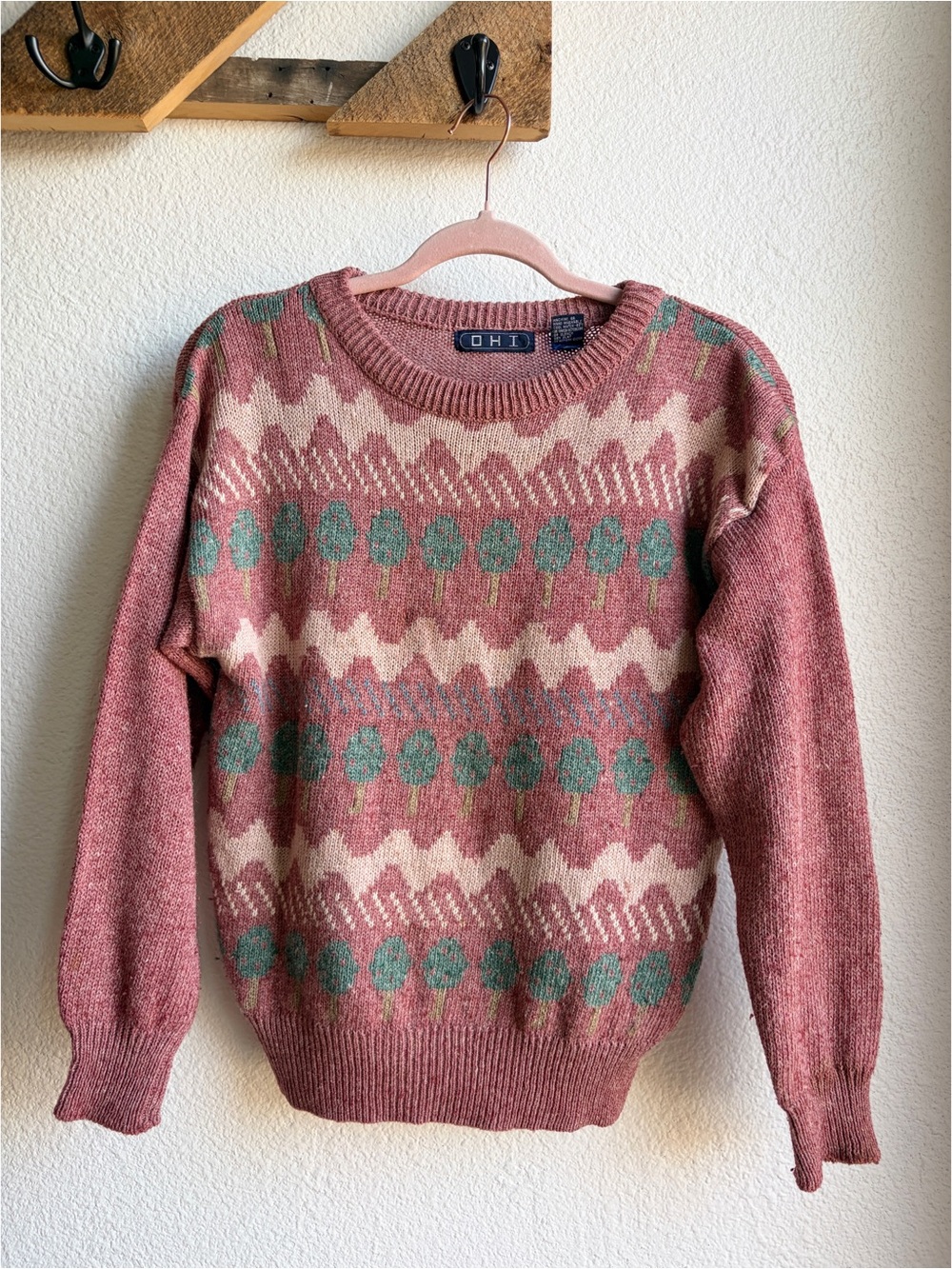 Vintage 80s Mauve Tree Print Sweater Large